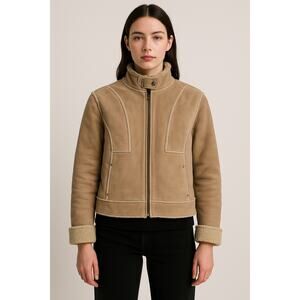 Y2K Xhilaration Moto Suede Penny Lane Sherpa Camel Leather Jacket Size Medium